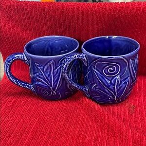 Blue Ceramic Leaf Pattern Mugs